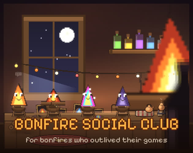 Bonfire Social Club: pixel-art bonfires with faces sitting in a cozy café at night