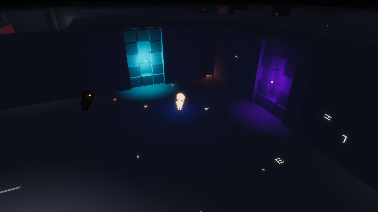 Dome: glowing cyan and purple portals in a dark hall