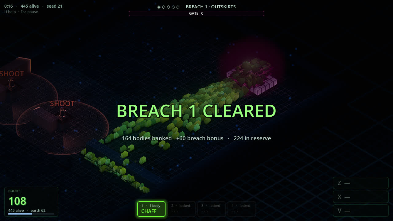 Lanebreaker: a green horde of blocks breaking through a fortified corridor