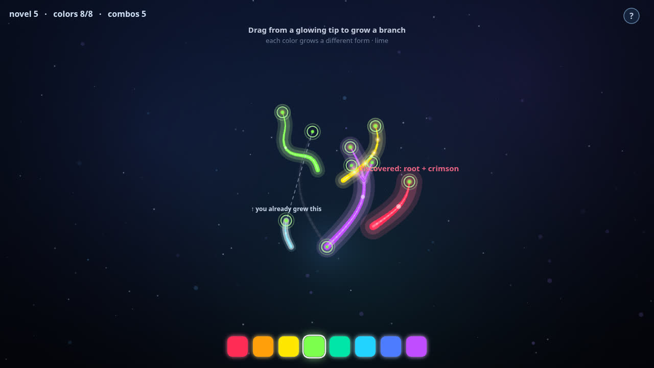 TR33: glowing neon branches growing on a dark starfield